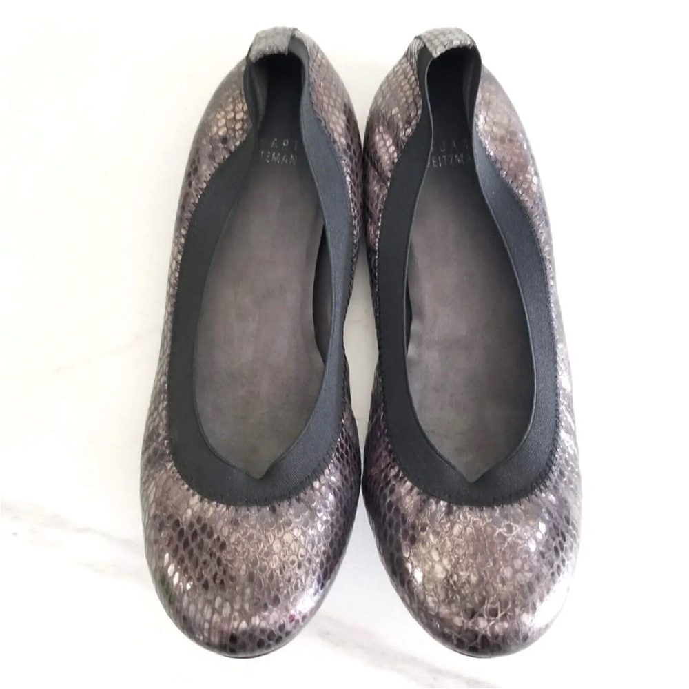 Stuart Weitzman Ballet Flats Snake Print Silver Black Leather Shoes Womens 6.5